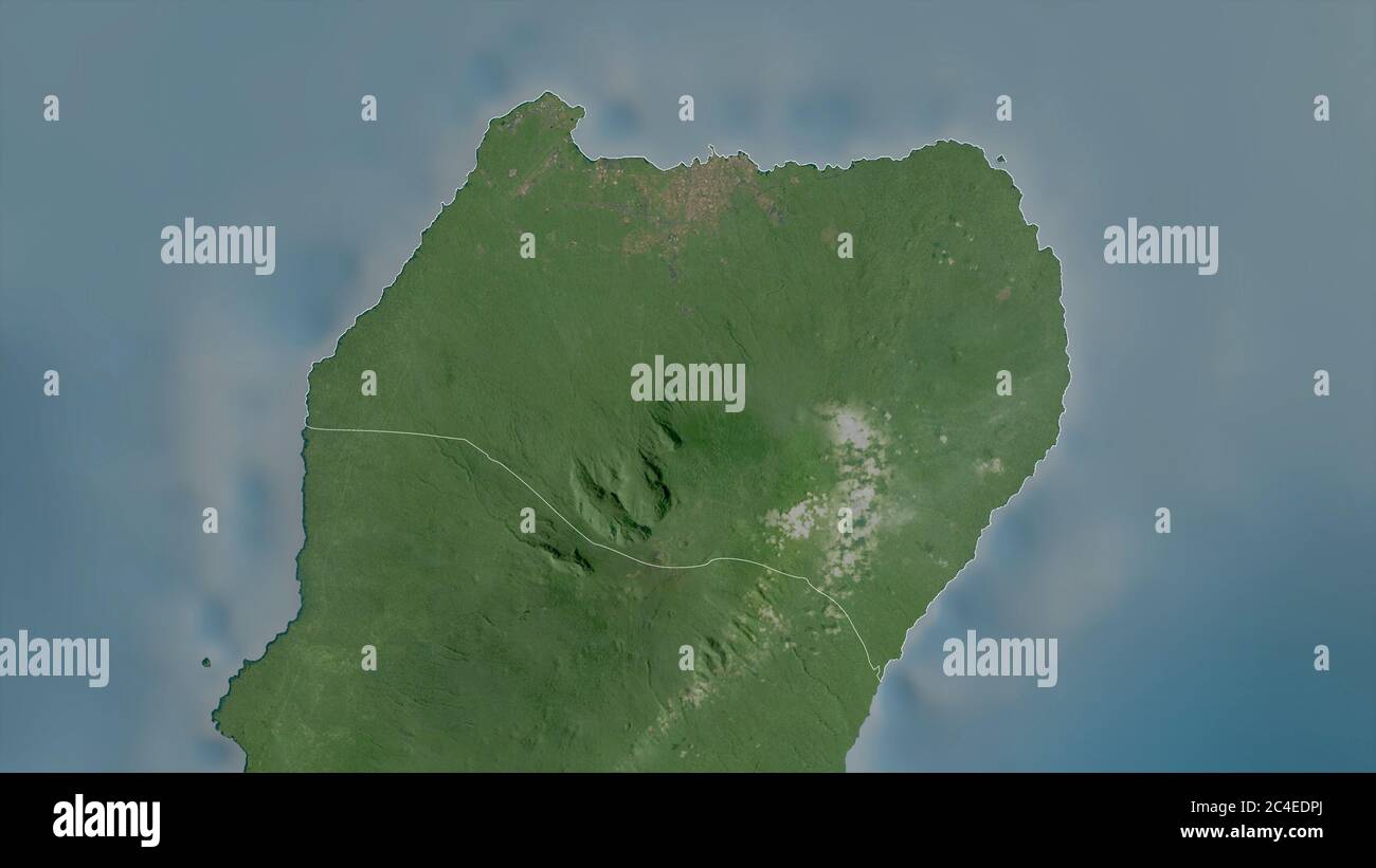 Bioko Norte, province of Equatorial Guinea. Satellite imagery. Shape outlined against its country area. 3D rendering Stock Photo