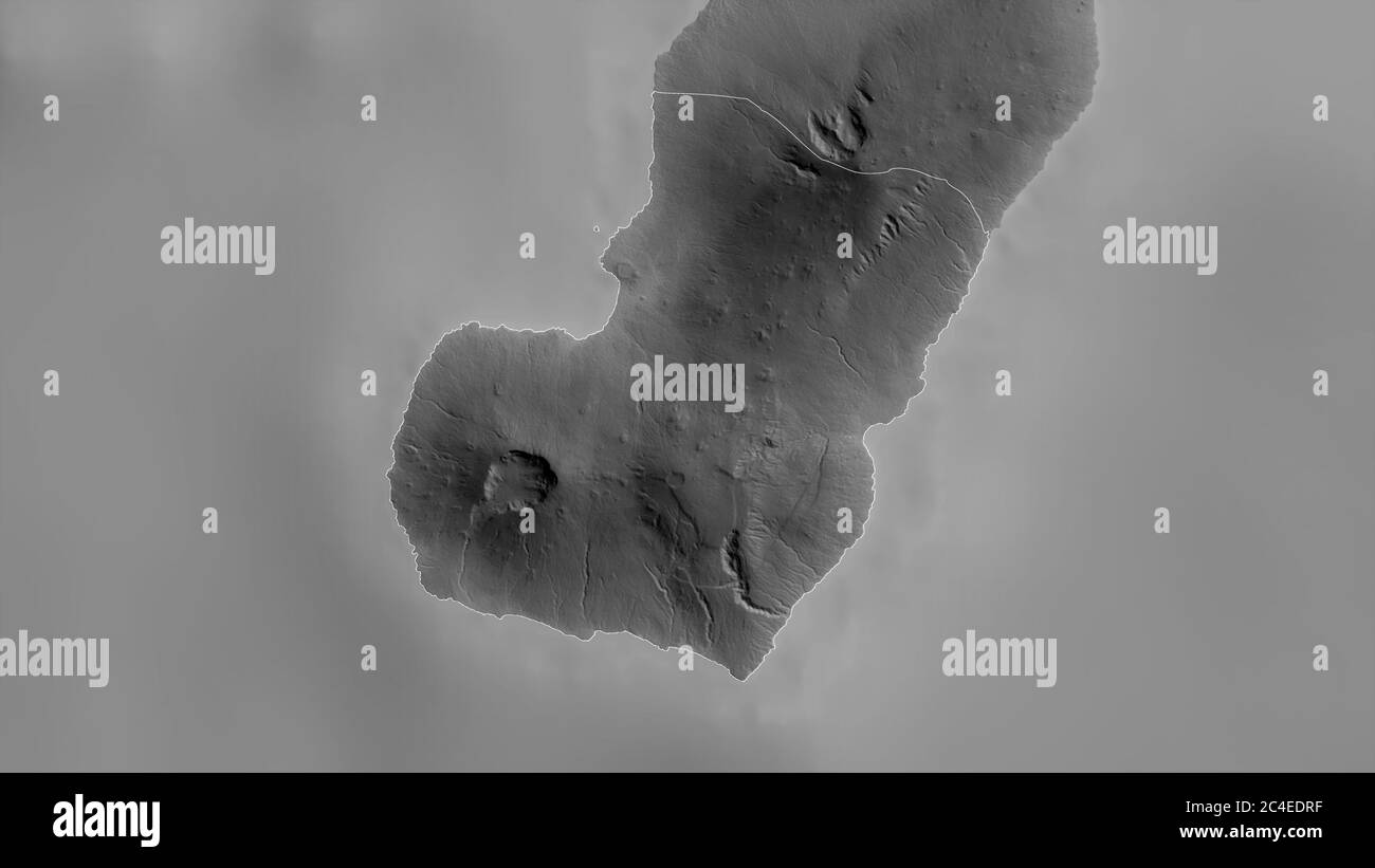 Bioko Sur, province of Equatorial Guinea. Grayscaled map with lakes and rivers. Shape outlined against its country area. 3D rendering Stock Photo