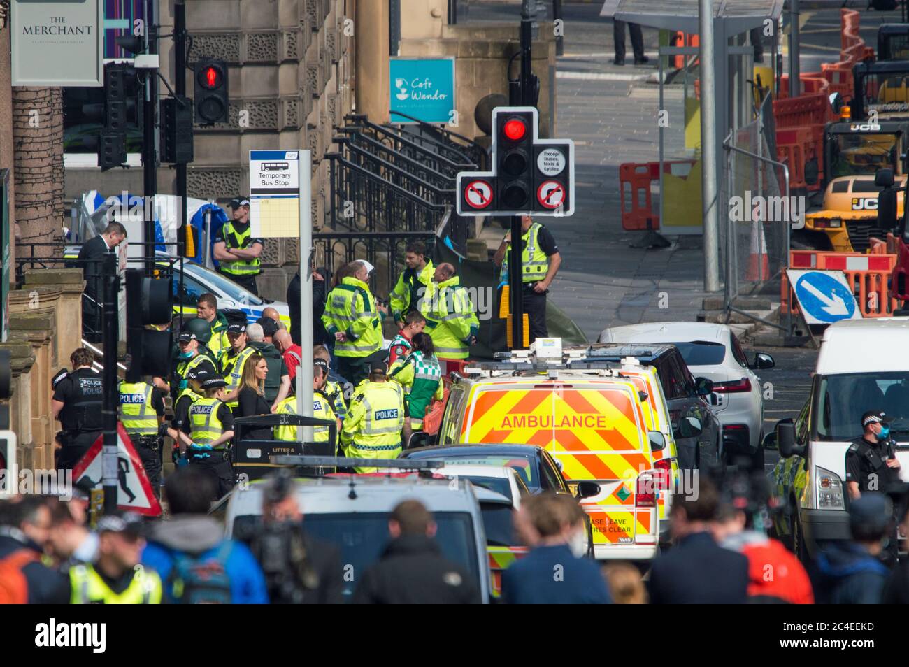 Glasgow, Scotland, UK. 26th June, 2020. Pictured: A major police incident has been declared in Glasgow as 6 people have been stabbed including a police officer and police shooting dead the attacker at a major incident at the Park Inn in West George Street which is hosting asylum seekers. Credit: Colin Fisher/Alamy Live News Stock Photo