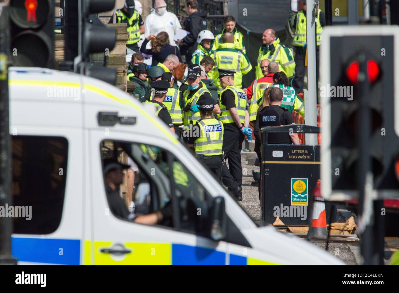 Glasgow, Scotland, UK. 26th June, 2020. Pictured: A major police incident has been declared in Glasgow as 6 people have been stabbed including a police officer and police shooting dead the attacker at a major incident at the Park Inn in West George Street which is hosting asylum seekers. Credit: Colin Fisher/Alamy Live News Stock Photo