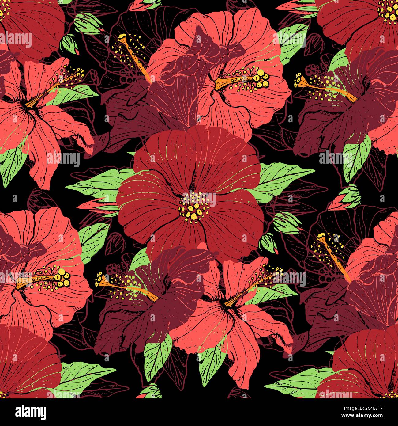 Colorful floral seamless pattern with hand drawn hibiscus flowers on ...