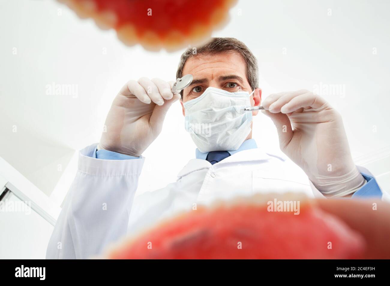 Dentist with face mask examines opened mouth Stock Photo