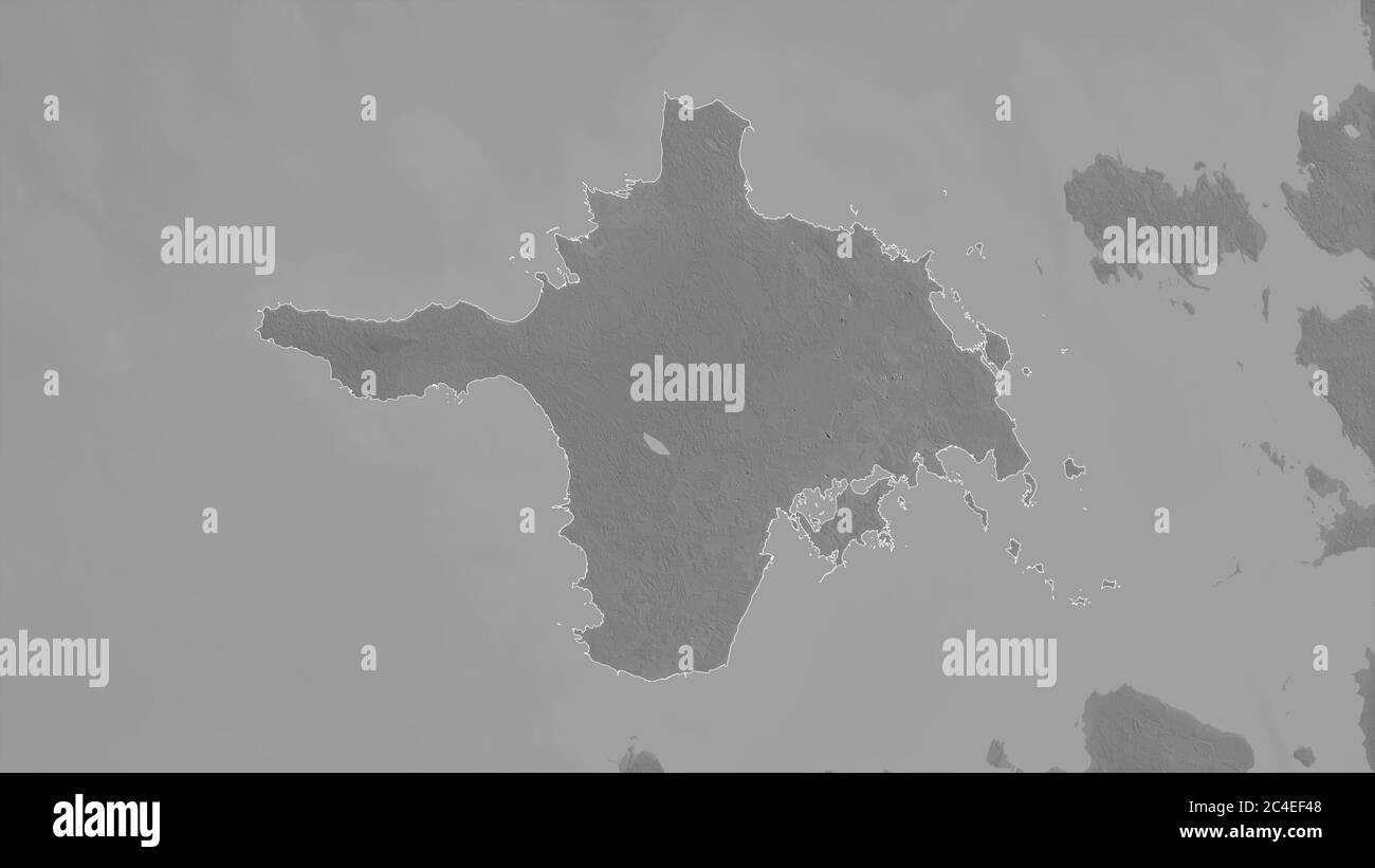 Hiiu, county of Estonia. Grayscaled map with lakes and rivers. Shape outlined against its country area. 3D rendering Stock Photo