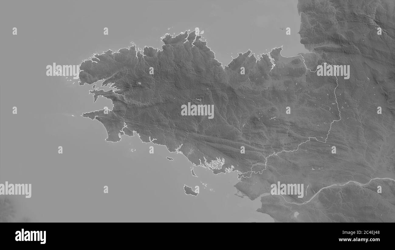 Bretagne, region of France. Grayscaled map with lakes and rivers. Shape outlined against its