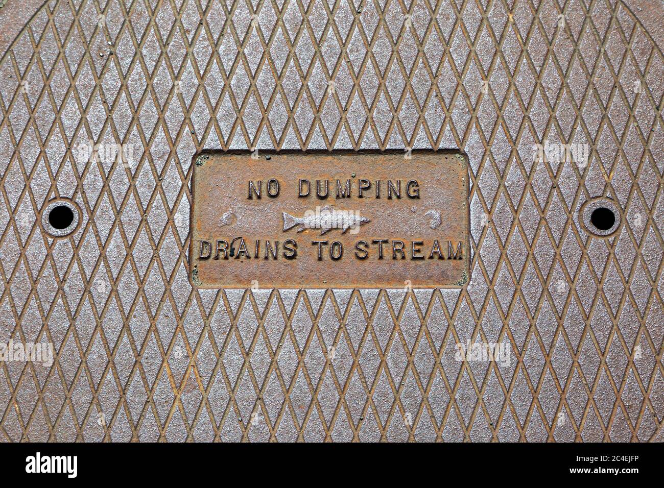 Part of a metal drain cover with a no dumping sign on it Stock Photo