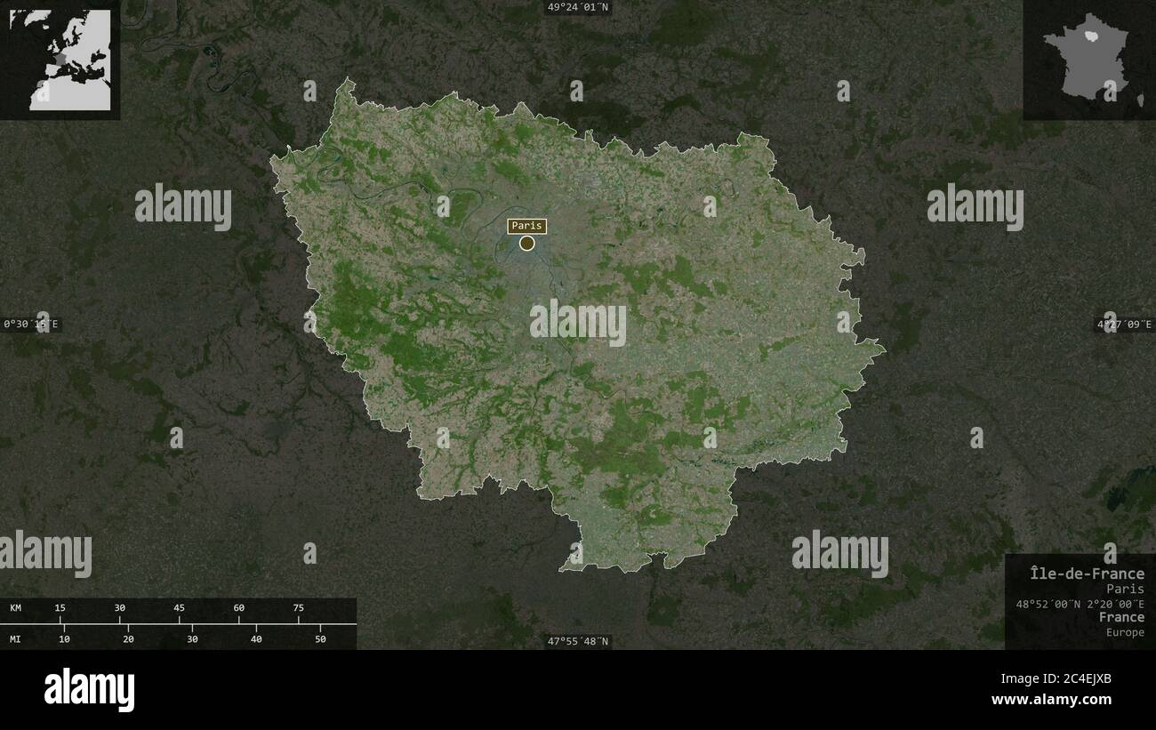 Île-de-France, region of France. Satellite imagery. Shape presented against its country area with informative overlays. 3D rendering Stock Photo