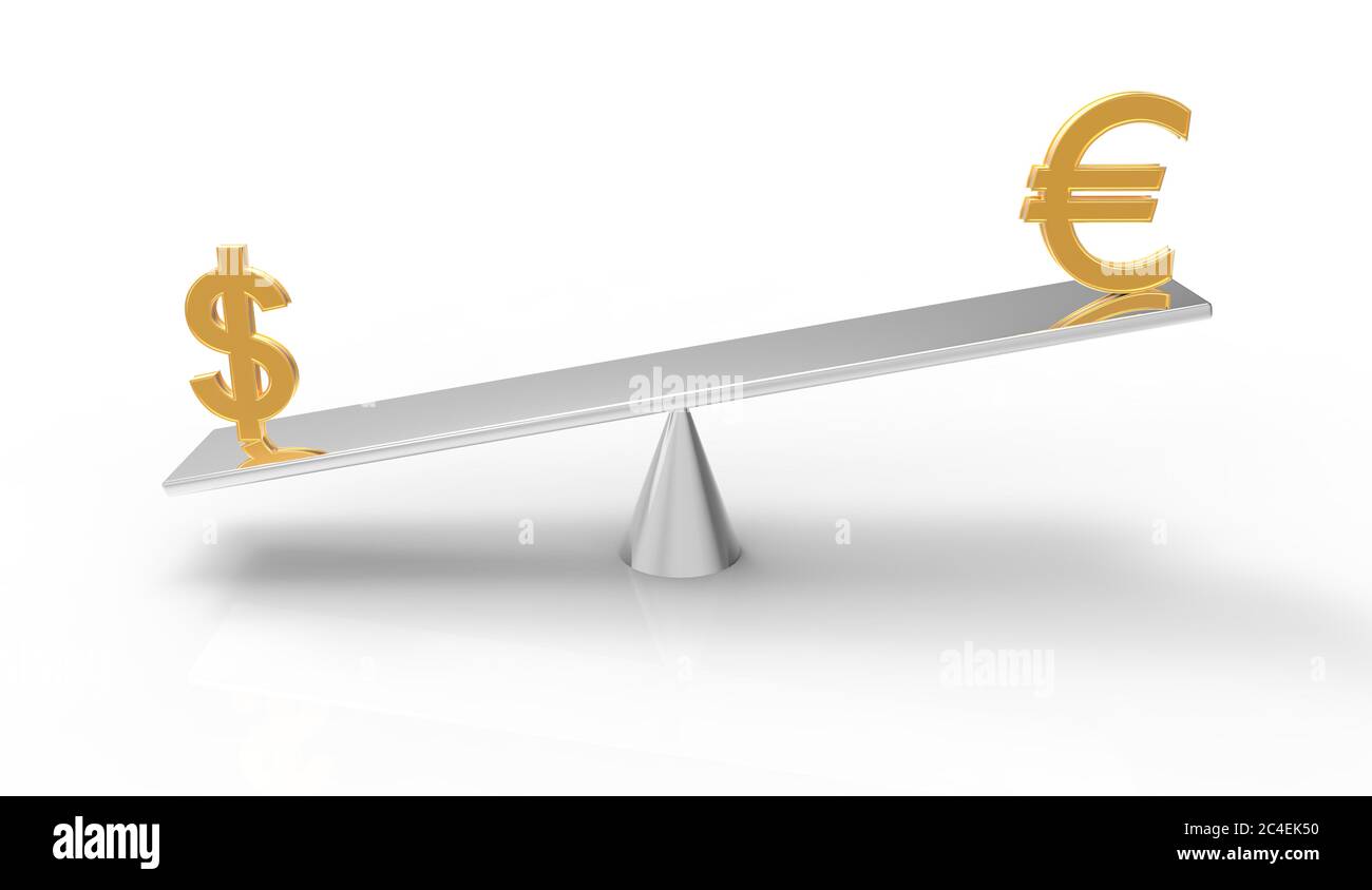 3D illustration of Dollar and Euro signs on a beam balance Stock Photo