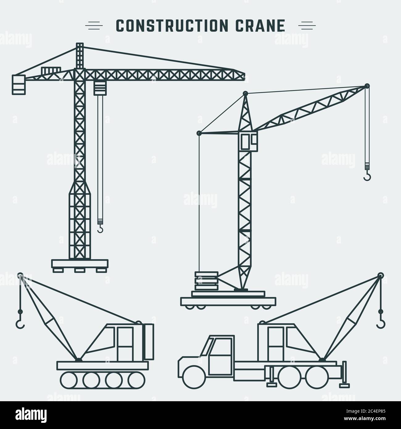 Line design construction crane. Tower crane and truck crane. Vector