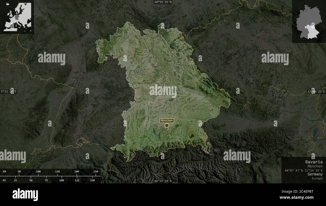 Bavaria, state of Germany. Satellite imagery. Shape presented against ...