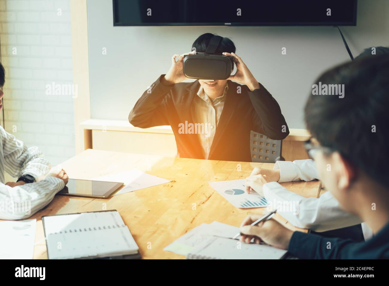 Business meeting with manager using virtual reality headset. Stock Photo