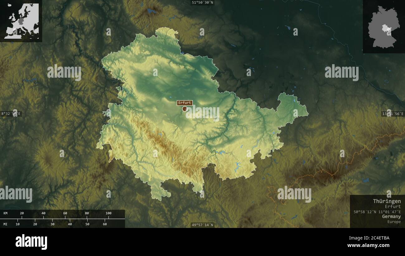 Thüringen, state of Germany. Colored relief with lakes and rivers ...