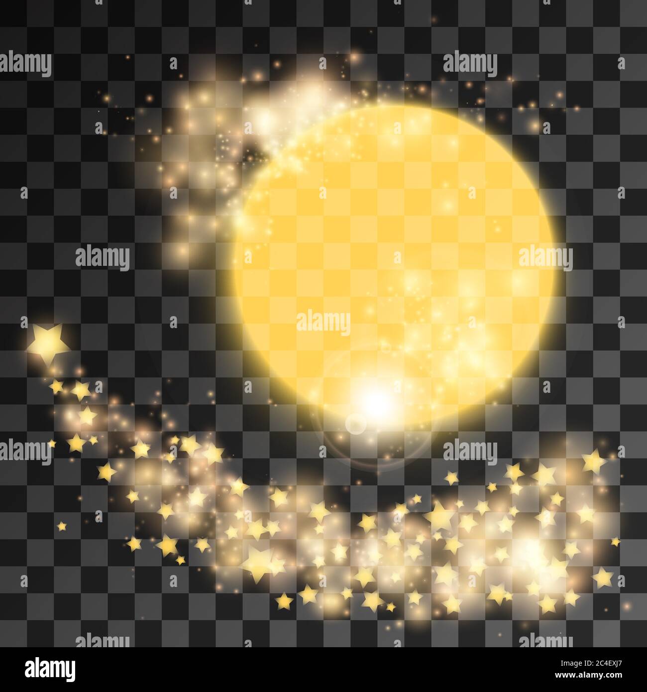 Abstract Bright Golden Sun with Stardust. Shooting Star, Twinkling Star