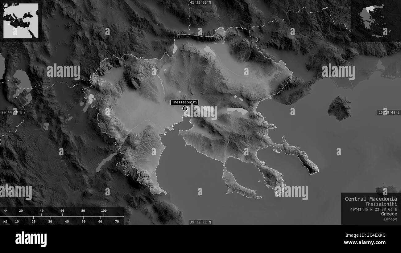 Central Macedonia, decentralized administration of Greece. Grayscaled map with lakes and rivers. Shape presented against its country area with informa Stock Photo