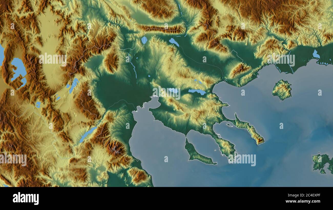 Central Macedonia, decentralized administration of Greece. Colored relief with lakes and rivers. Shape outlined against its country area. 3D rendering Stock Photo