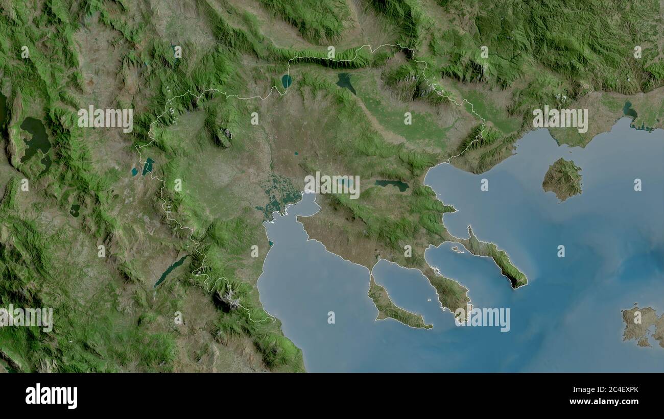 Central Macedonia, decentralized administration of Greece. Satellite imagery. Shape outlined against its country area. 3D rendering Stock Photo
