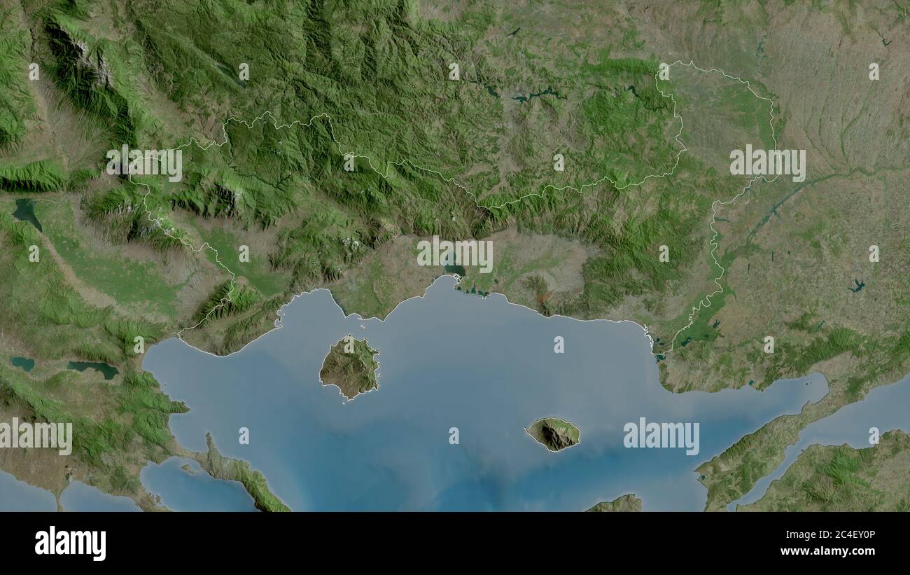 Eastern Macedonia and Thrace, decentralized administration of Greece. Satellite imagery. Shape outlined against its country area. 3D rendering Stock Photo