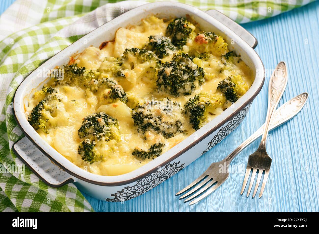 Casserole with broccoli, potatoes, eggs and cheese Stock Photo Alamy