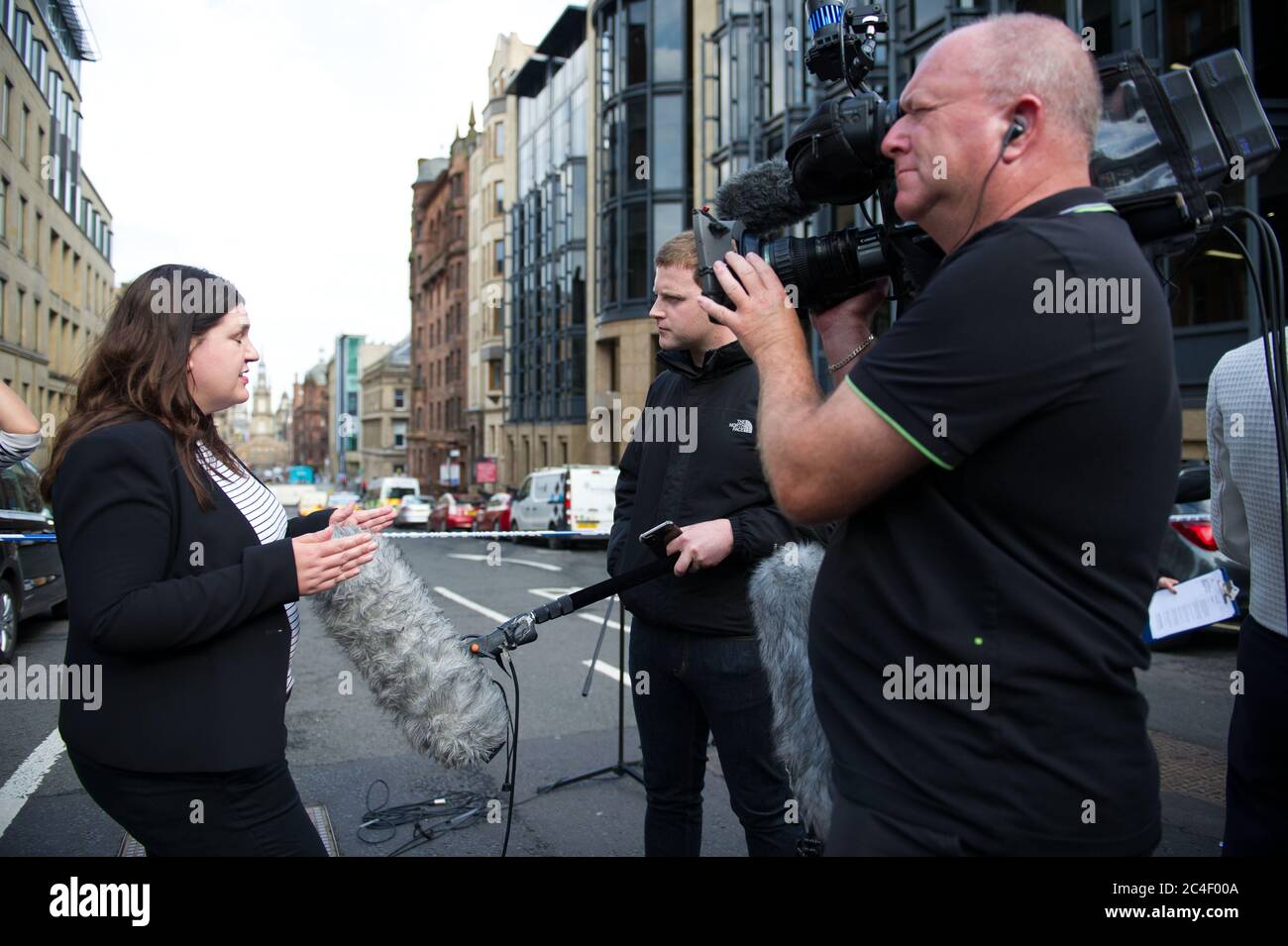 Glasgow, Scotland, UK. 26th June, 2020. Pictured: Press conference: Cllr Susan Aitken - Leader of Glasgow City Council giving an interview. A major police incident has been declared in Glasgow as 6 people have been stabbed including a police officer and police shooting dead the attacker at a major incident at the Park Inn in West George Street which is hosting asylum seekers. Credit: Colin Fisher/Alamy Live News Stock Photo