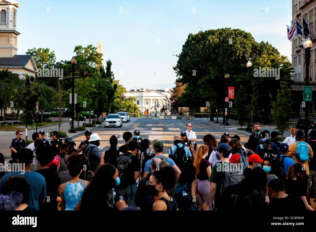 Police officers block access to Lafayette Square, the statue of Andrew Jackson, and part of Black Lives Matter Plaza Washington, DC, United States Stock Photo