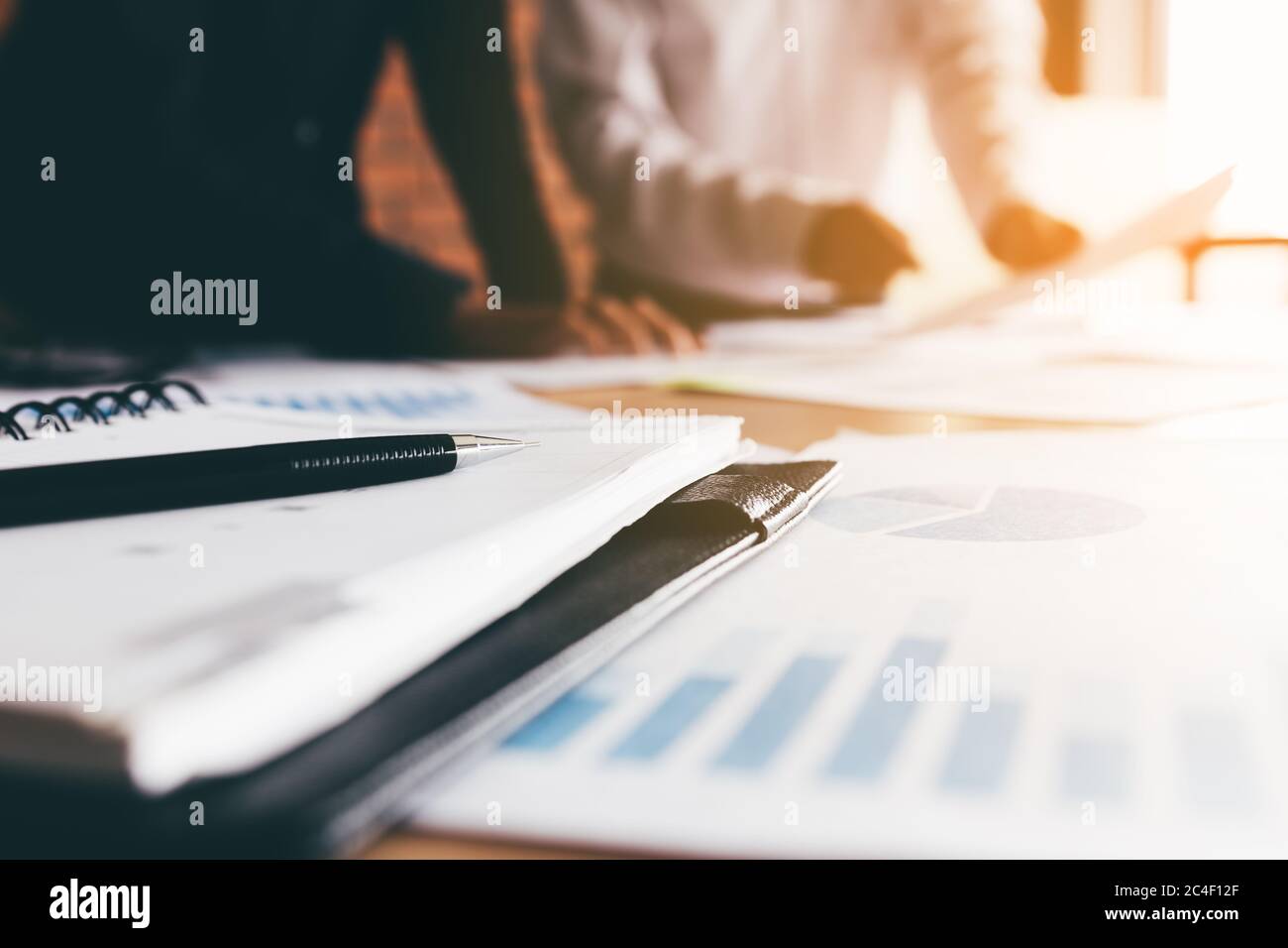 Close up a pen and two business people in a meeting finance and