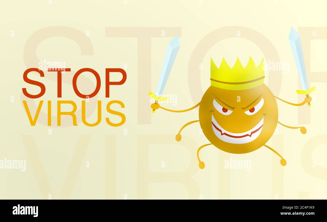 stop virus - word Corona virus cartoon orange with sword isolated with color background. covid-19. Virus illustration. bad face of disease and epidemi Stock Photo
