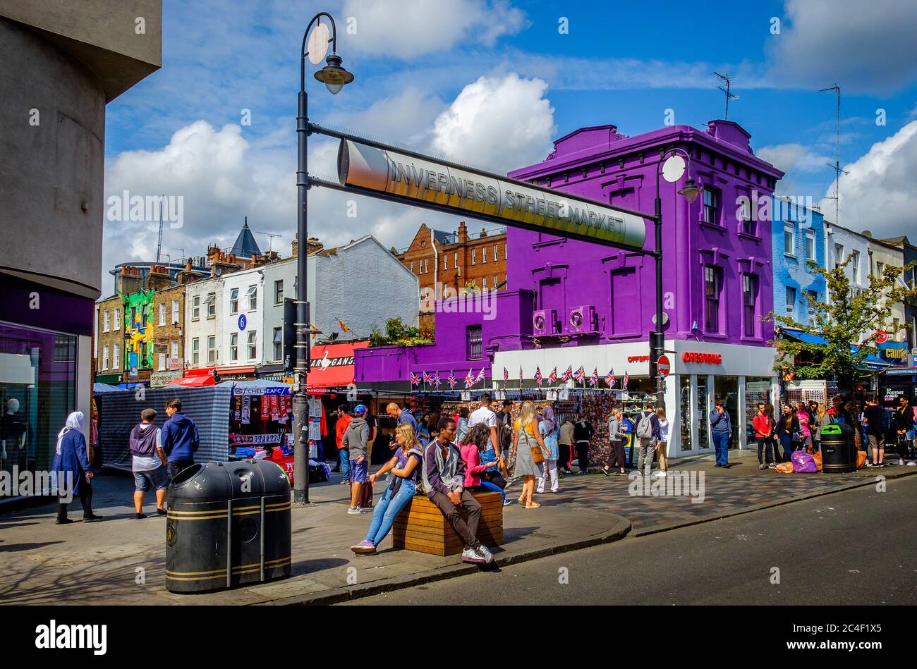 London, UK, Aug 2019, urban scene by Inverness Street Market, Camden Market Stock Photo