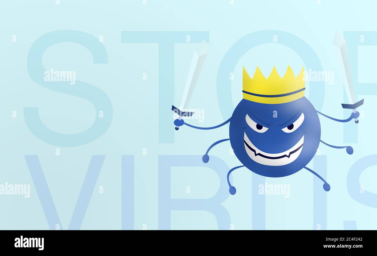 stop virus - word Corona virus cartoon blue with sword isolated with color background. covid-19. Virus illustration. bad face of disease and epidemic. Stock Photo