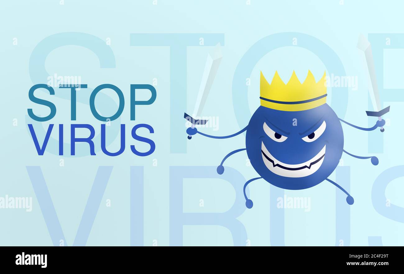 stop virus - word Corona virus cartoon blue with sword isolated with color background. covid-19. Virus illustration. bad face of disease and epidemic. Stock Photo