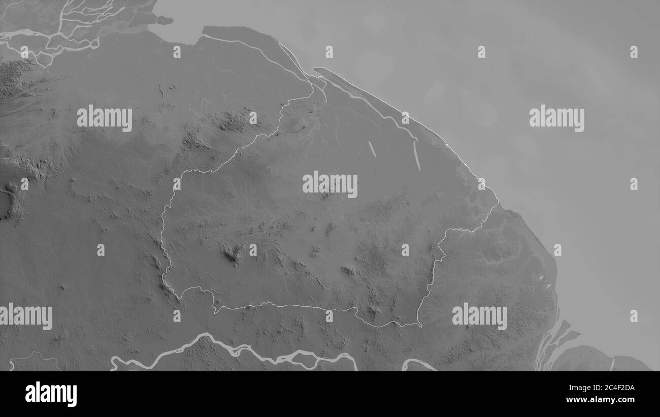 Barima-Waini, region of Guyana. Grayscaled map with lakes and rivers. Shape outlined against its country area. 3D rendering Stock Photo