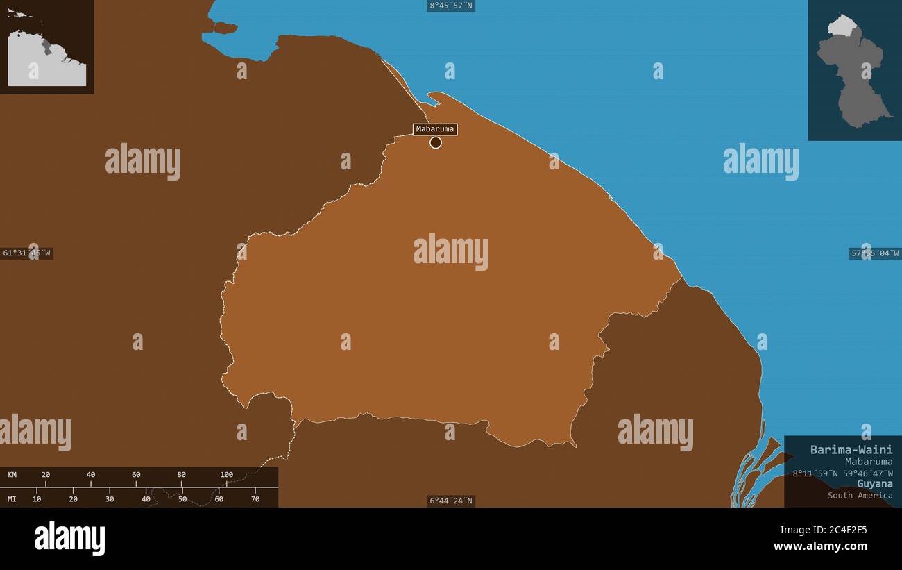 Barima-Waini, region of Guyana. Patterned solids with lakes and rivers. Shape presented against its country area with informative overlays. 3D renderi Stock Photo