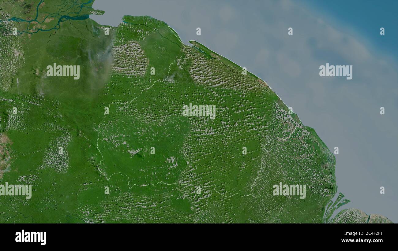 Barima-Waini, region of Guyana. Satellite imagery. Shape outlined against its country area. 3D rendering Stock Photo