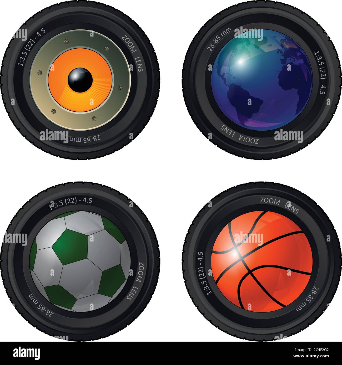 Set of camera lens with speaker, globe, football and basketball ball
