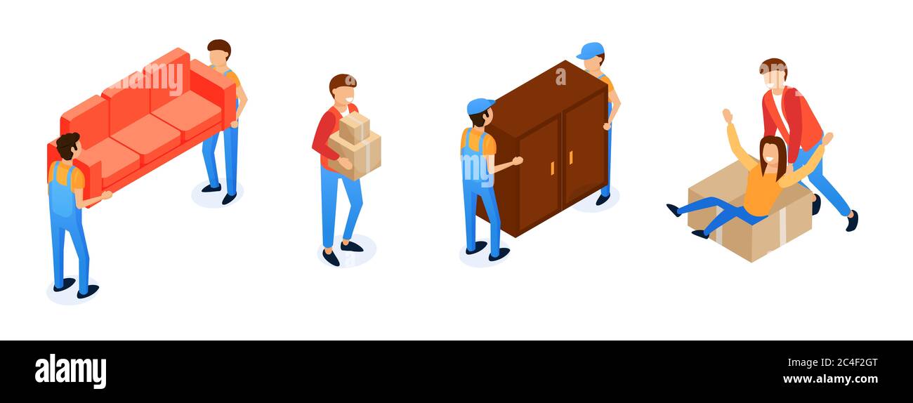 Assistance in Transporting Furniture Cartoon. High Quality, Timely Execution Work on Loading Things and Furniture. Employees Will Carry Cargo Various Stock Photo