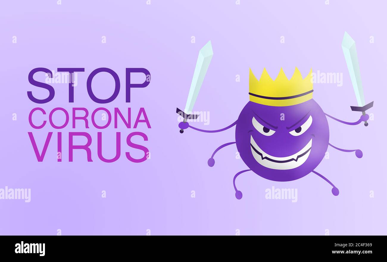 stop corona virus - word Corona virus cartoon violet with sword isolated with color background. covid-19. Virus illustration. bad face of disease and Stock Photo