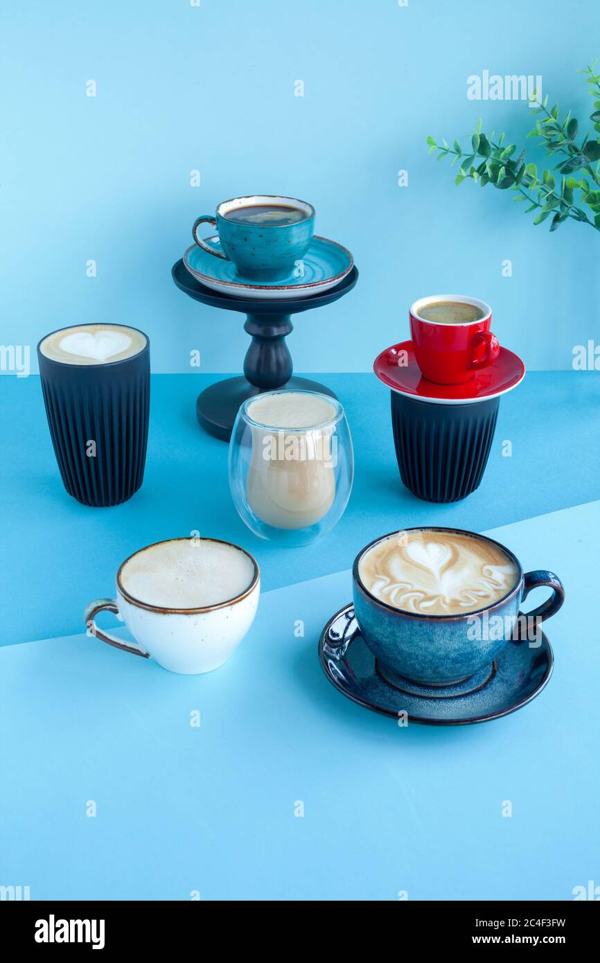 Set of different types of coffee, latte, cappuccino, mocha, americano black coffee Stock Photo