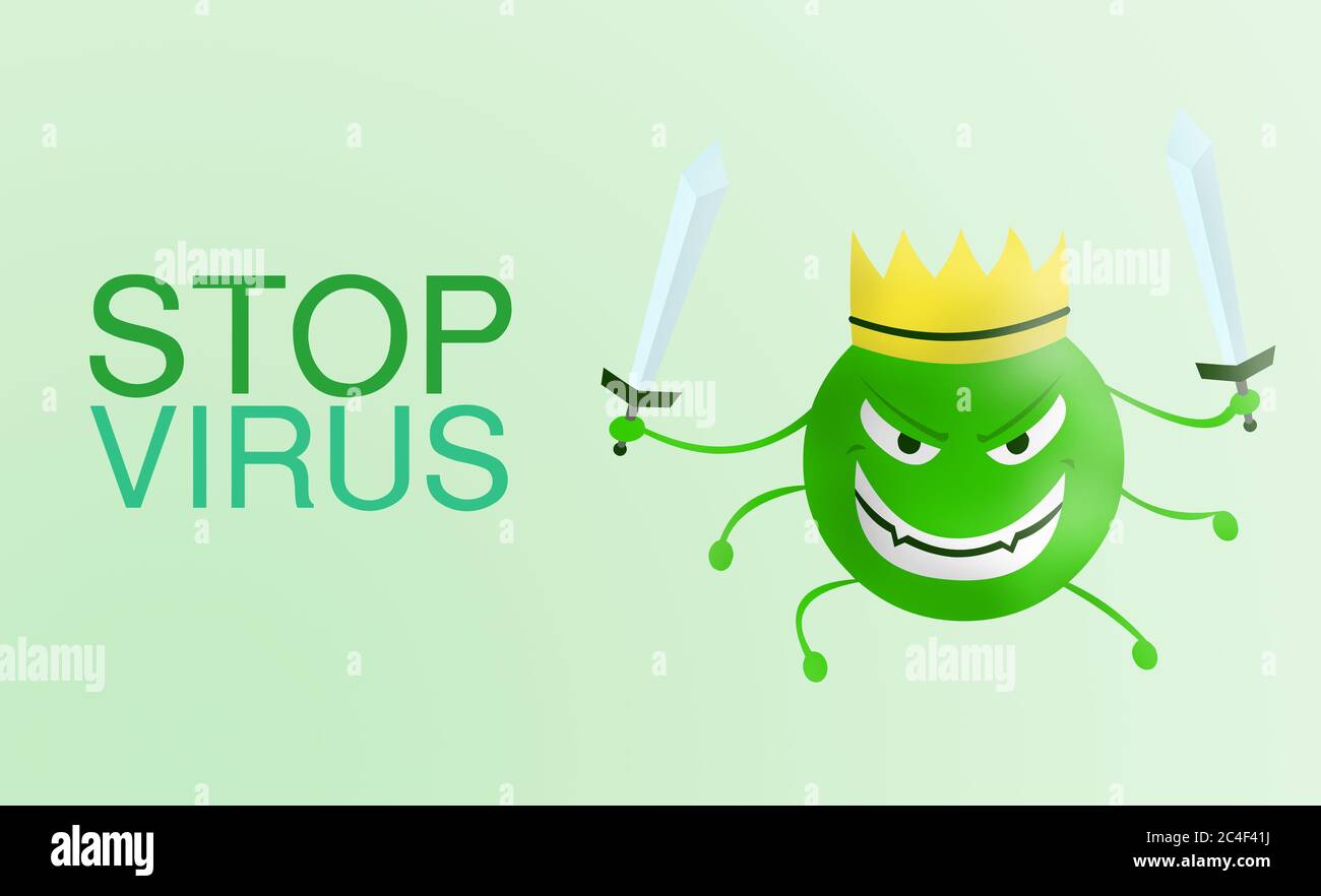 stop virus - word Corona virus cartoon green with sword isolated with color background. covid-19. Virus illustration. bad face of disease and epidemic Stock Photo
