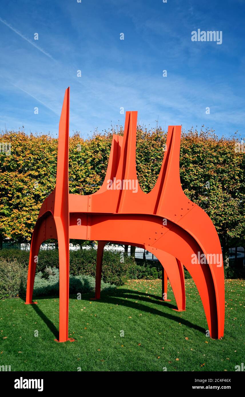 Alexander Calder’s sculpture Cheval Rouge (constructed in 1974). It is installed in National Gallery of Art Sculpture Garden, Washington, DC, USA Stock Photo