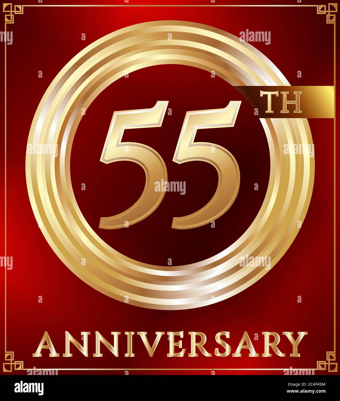Anniversary gold ring logo number 55. Anniversary card. Red background