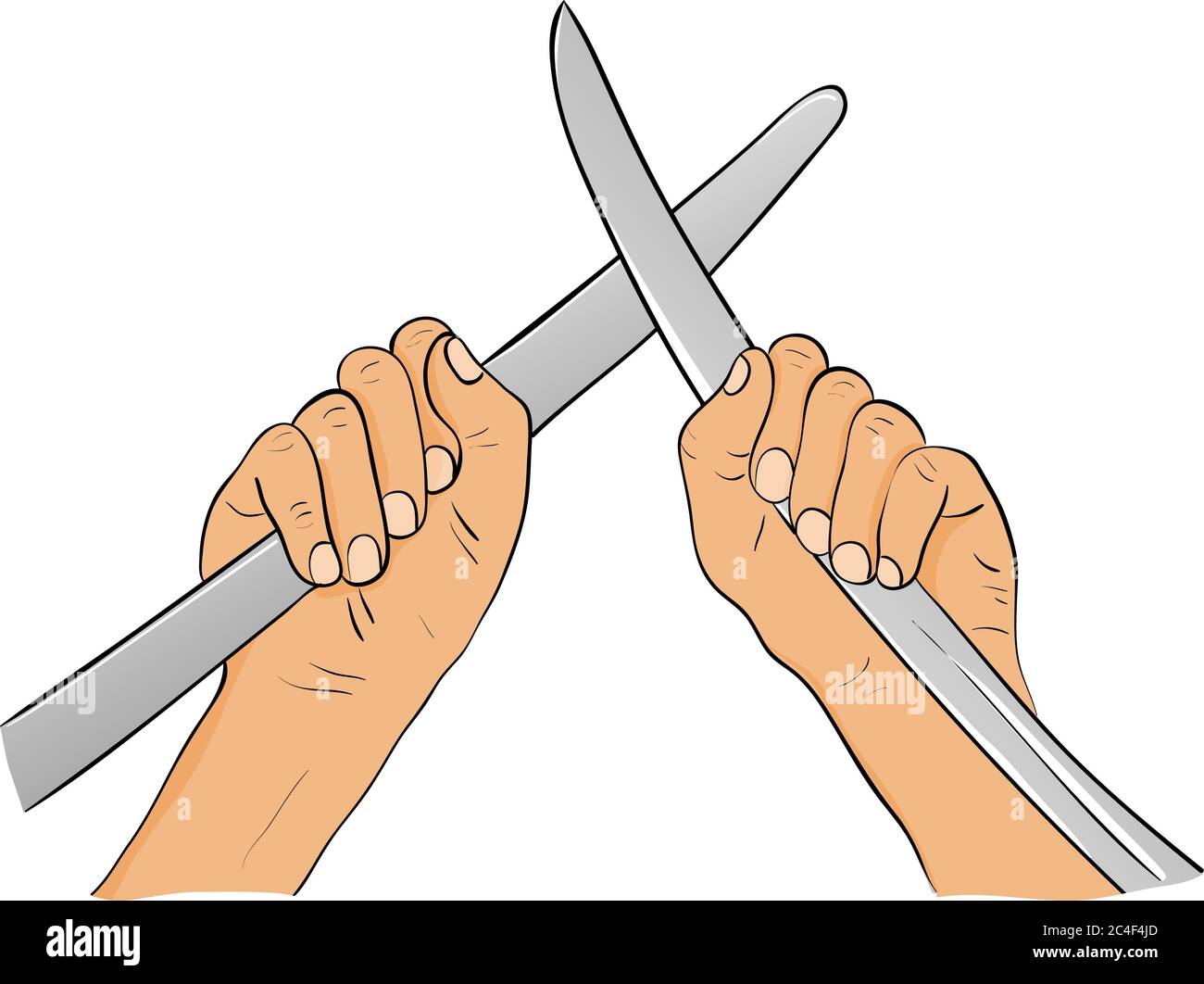 Hands breaking up a fight by taking apart sword blades. Cartoon vector illustration. Hands holding crossed swords. Stock Vector