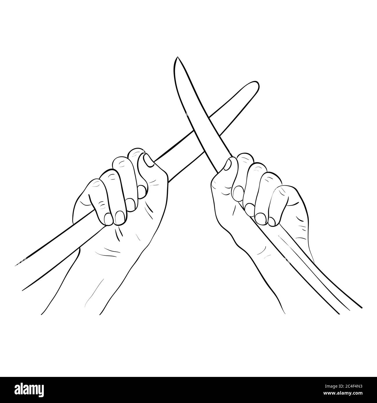 Hands breaking up a fight by taking apart sword blades. Cartoon vector illustration. Hands holding crossed swords. Stock Vector