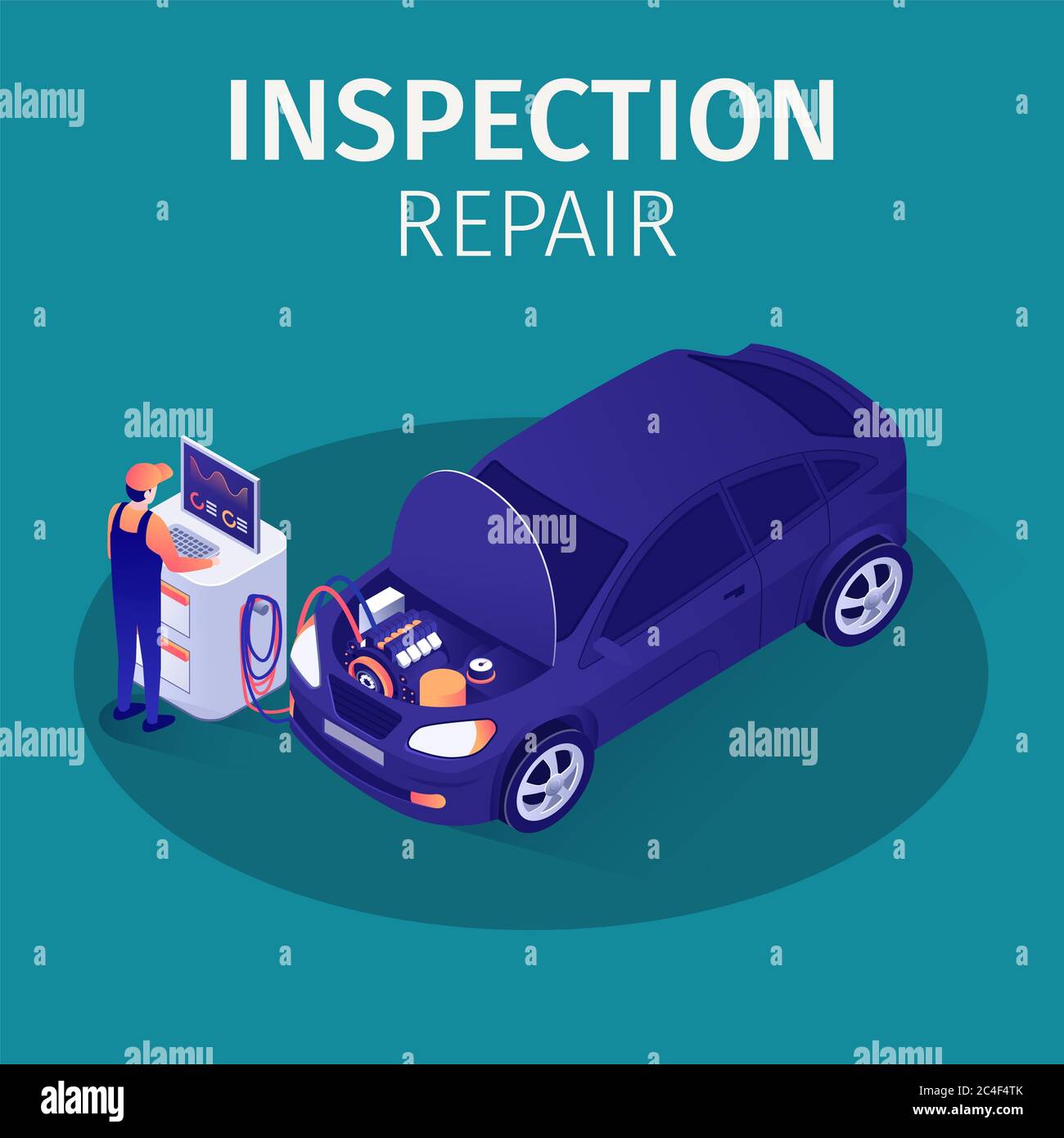 Professional Inspection Repair in Autoservice. Banner with Vector Isometric Car and Mechanic Performing Computer Diagnostics on Special Equipment. Veh Stock Photo