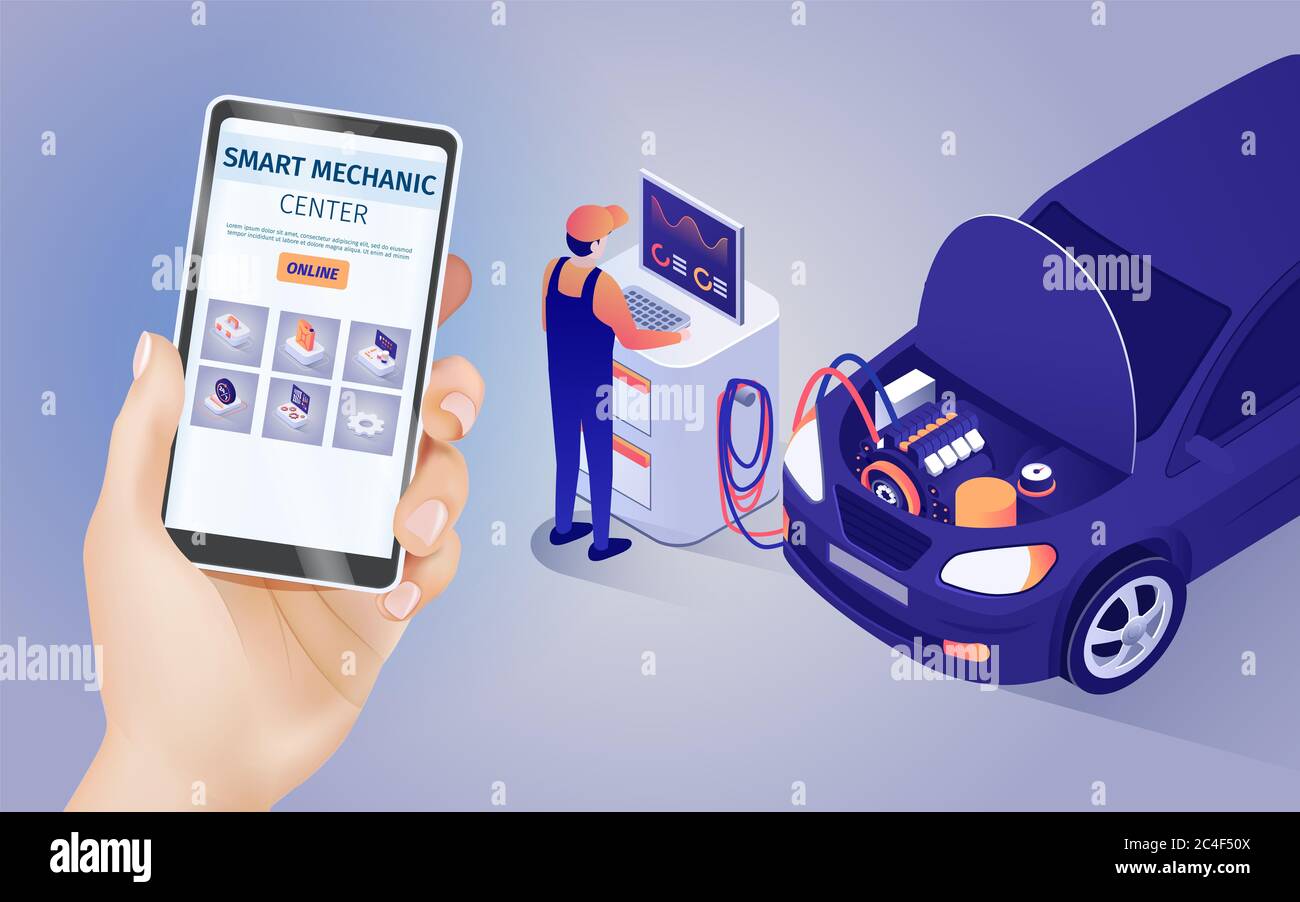 Mobile Application of Smart Mechanic Center Online. Male Hand Holds Phone  with Running Auto Maintenance and Repair Shop App. Master and Testing Car  wi Stock Photo - Alamy