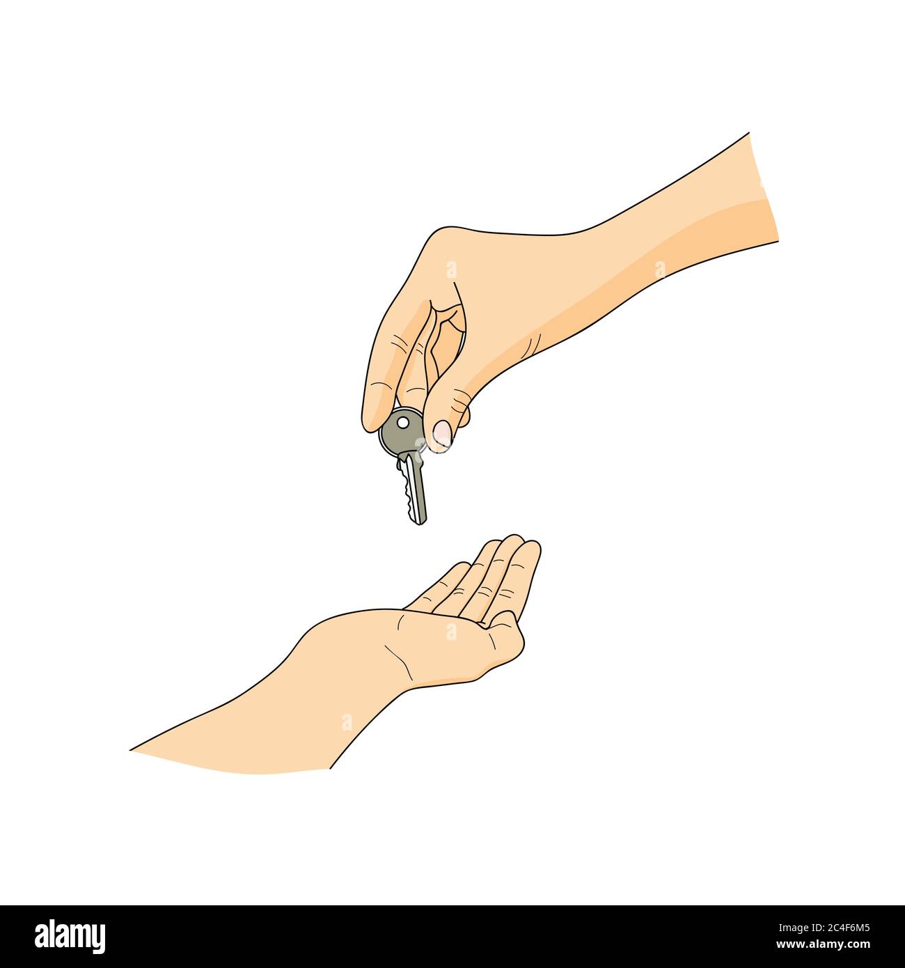 Hand giving a key. Handing over a key from one person to another. Purchase concept. Vector illustration. Stock Vector