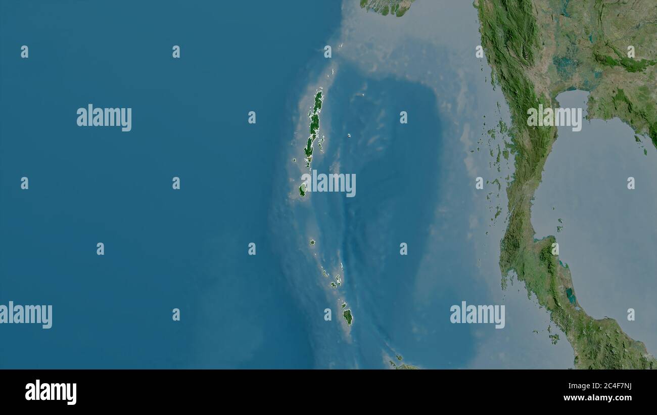 Andaman and Nicobar, union territory of India. Satellite imagery. Shape outlined against its country area. 3D rendering Stock Photo