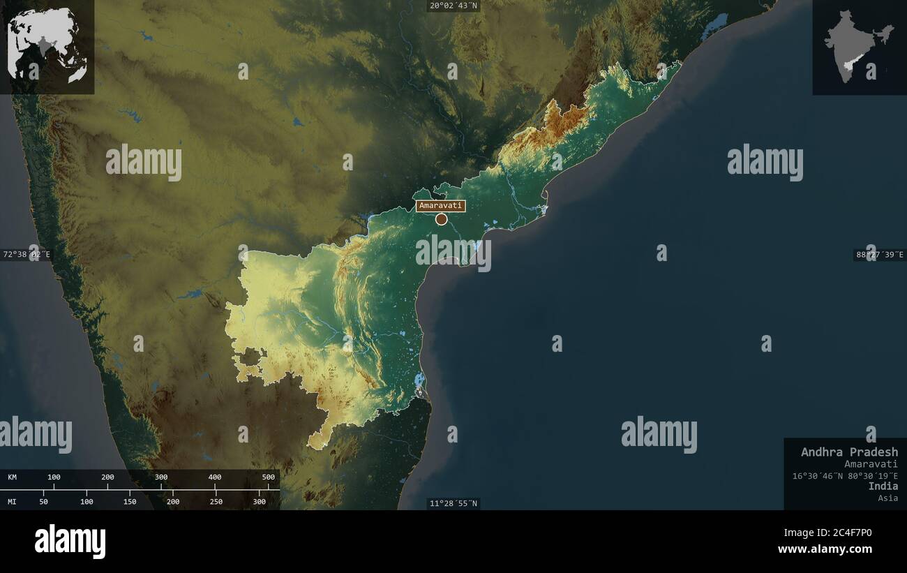 Andhra Rivers Andhra Pradesh, state of India. Colored relief with lakes and rivers ...