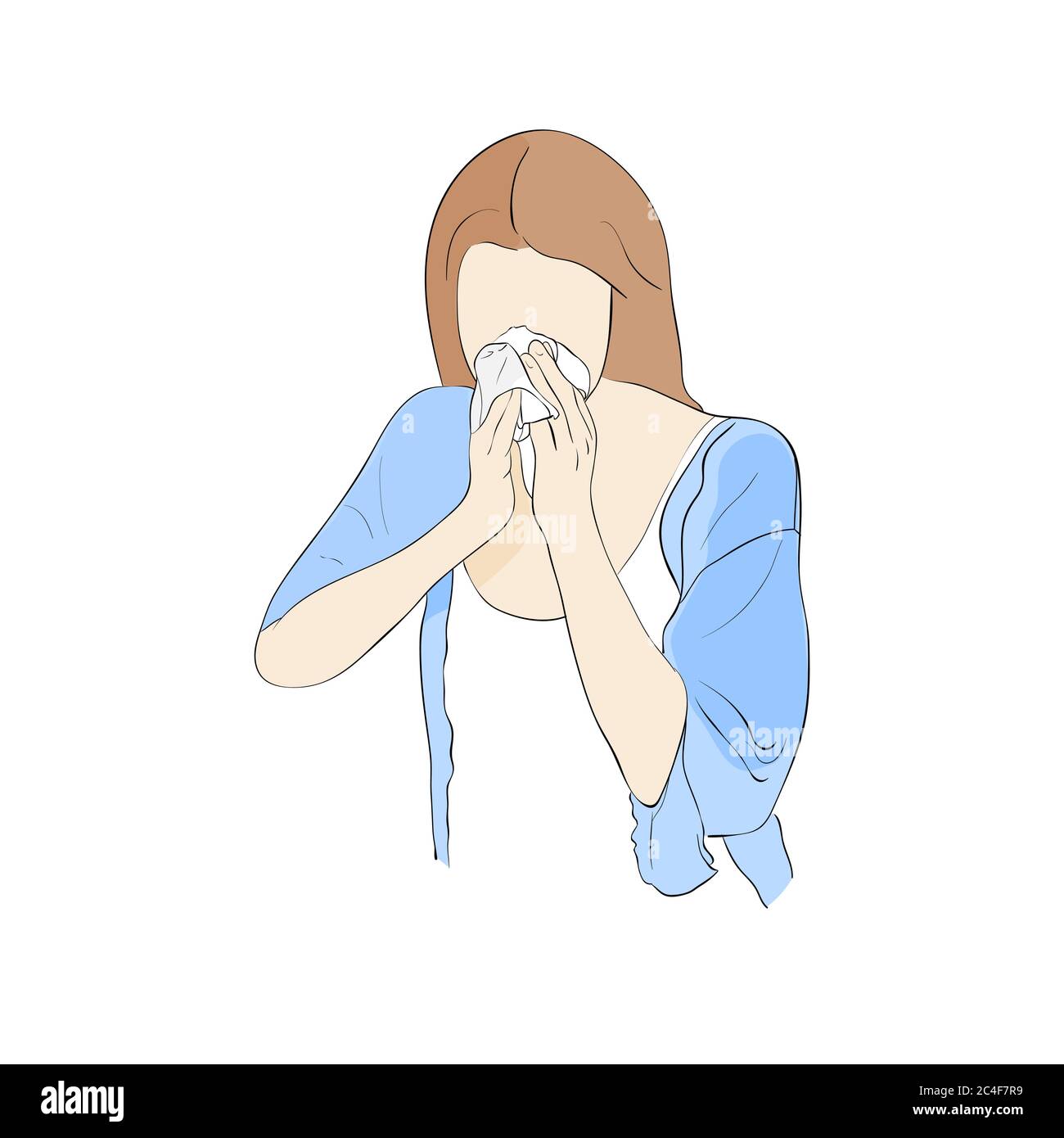 Young woman with runny nose suffering from influenza, blowing her nose with a handkerchief. Vector illustration. Stock Vector