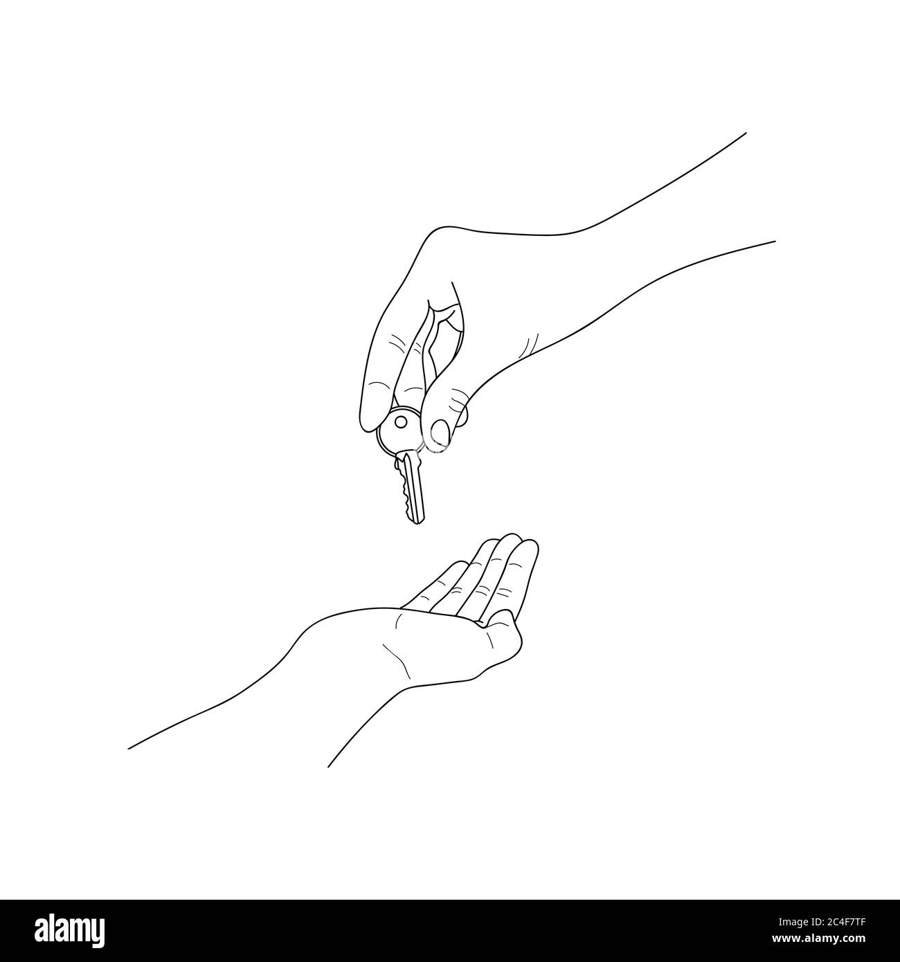 Hand giving a key. Handing over a key from one person to another. Purchase concept. Line drawing. Vector illustration. Stock Vector