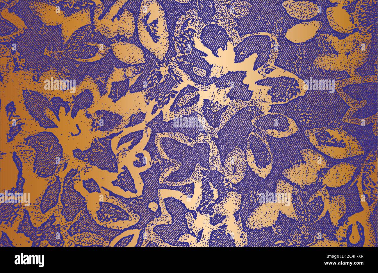 Distressed overlay texture of golden blue violet fabric. Textile with eastern floral ornament, leaves and flowers. grunge background. abstract halfton Stock Vector