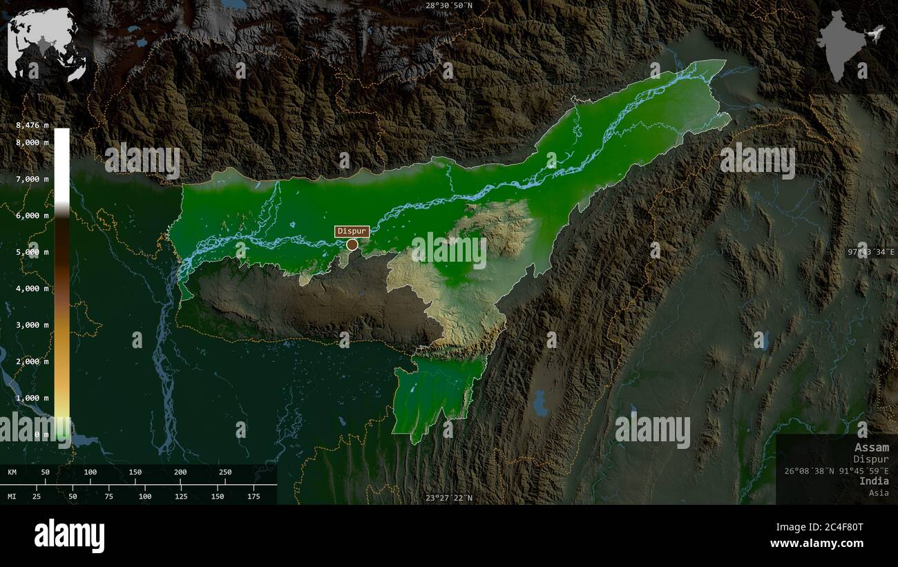 Assam, state of India. Colored shader data with lakes and rivers. Shape ...