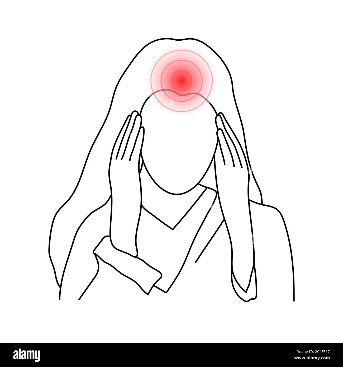 Sketch of a young woman suffering from headache holding head in her hands, isolated on white background. Vector illustration. Stock Vector